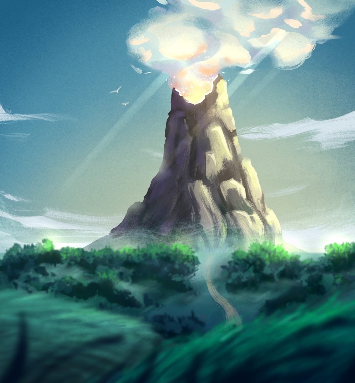 Color illustration of an active volcano erupting above a lush island landscape