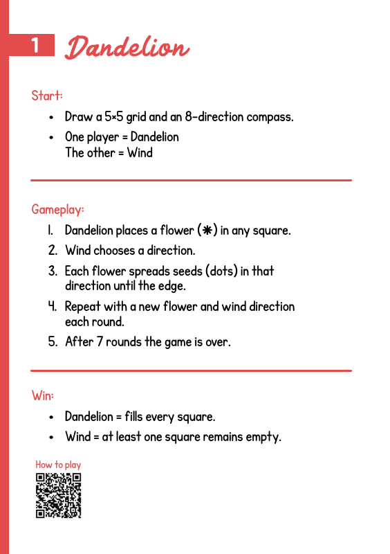 Sample Dandelion rules page from the Grid Games booklet